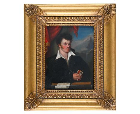 English School - Portrait Miniature of a Man holding a Locket, oil on panel, 120 x 93mm Good condition. No chips, cracks or f