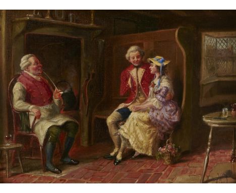 Victorian School - Interior of an Inn with Courting Couple and Innkeeper, signed with monogram (WM or WA within an artist's p