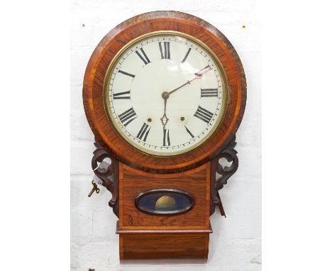 A Victorian rosewood veneered drop case wall clock, the cream enamel dial with Roman numerals, twin winding squares and pierc