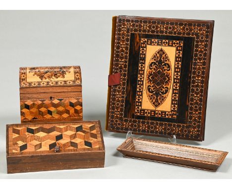 A Victorian Tunbridge work tea caddy with coffered lid, box with cube parquetry lid, blotting book and pen tray, all c1850-70