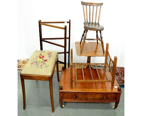 A Victorian mahogany whatnot base,&nbsp; on turned legs fitted ceramic castors, a child's rail back chair, a Victorian foldin