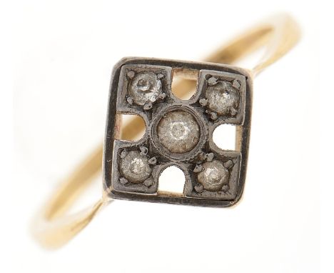 A diamond openwork ring, in gold marked 18ct, 2.4g, size K½ Hoop a little distorted and wear consistent with age