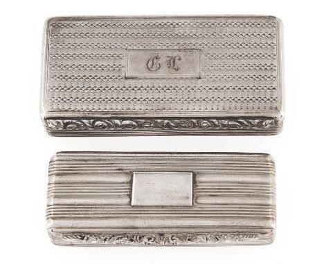 Two William IV silver snuff boxes, engine turned, with foliate chased thumbpiece, 68 and 76mm l, both Birmingham, by&nbsp; Ed