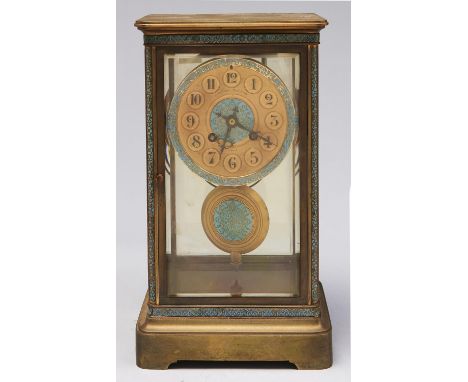 A French brass and turquoise champleve enamel four glass mantel clock, Cahoom Brothers Paris, c1880, with matt gilt dial, gon