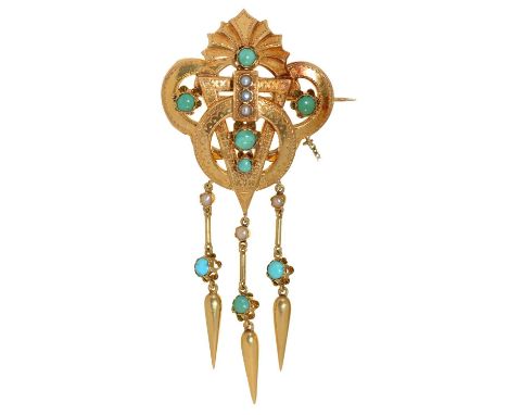 A turquoise and pearl brooch, late 19th c, in gold, of three circle and triangle design crested by a palmette, three pointed 