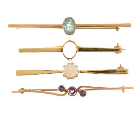 Four aquamarine, moonstone, opal and amethyst bar brooches, in gold or 9ct gold, 45-53mm l, Chester and Birmingham 1923 or 83