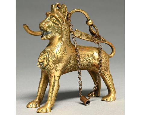 An Indian brass lion oil lamp, late 19th c, with chained stopper, 13cm h Good condition with old polish residue