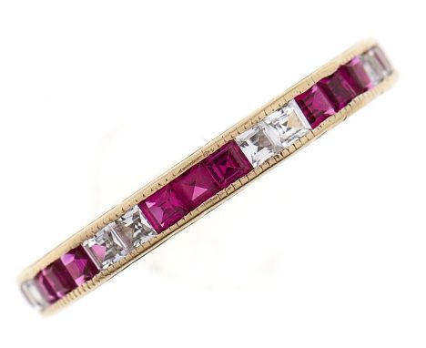 A synthetic ruby and white sapphire eternity ring, gold mount marked 9ct, 1.9g, size R Mount with slight wear