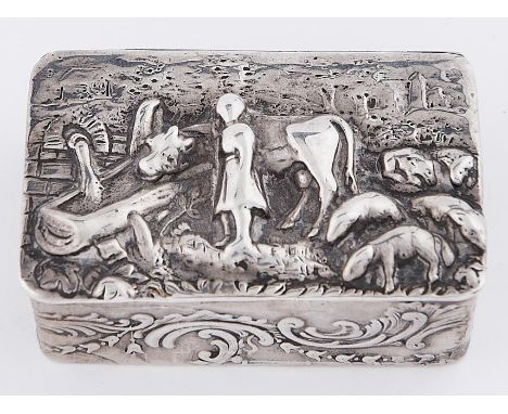 A German silver snuff box, the lid embossed in high relief with a milkmaid, 55mm l, by Simon Rosenau, Hanau, import marked Jo