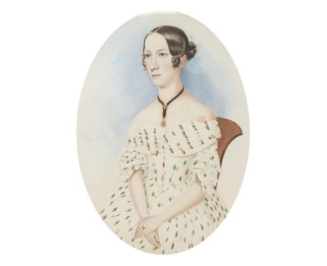 A Schirnhofern - Portrait of a young Woman, seated half length, oval,&nbsp; watercolour, inscribed later in pencil verso, 17.