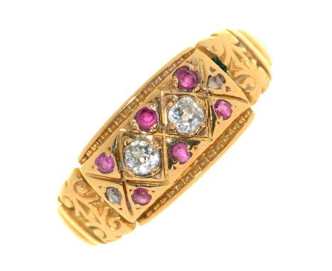 A ruby and diamond ring, c1900, in gold, unmarked, 2.9g, size M General light wear, rubies some what abraded from wear