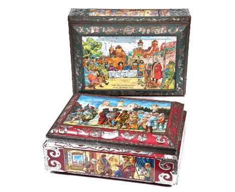 Two decorative German lithographed tinplate biscuit boxes, E Otto Schmidt, first half 20th century, 41.5cm long Both in reaso