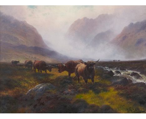 Henry Robinson Hall (1859-1927) - Highland Cattle on the Moors Sutherlandshire, signed, signed again and inscribed verso, oil
