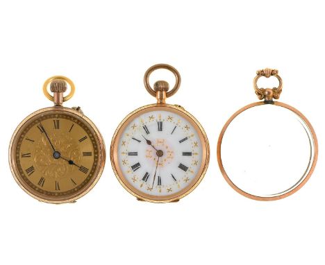 A Swiss gold keyless lever lady's watch, c1900, with enamel dial, in engraved case, gold cuvette 33mm, marked 14k, a contempo