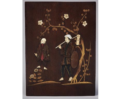 A Japanese wood, lacquer, bone and mother of pearl decorated panel, Meiji period, decorated in carved bone, mother of pearl a