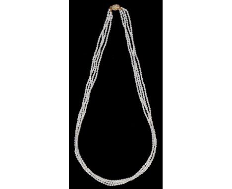 A cultured pearl four strand necklace, the gold clasp pierced with shou character, 60cm l, marked 14k 585, 28.5g Good conditi