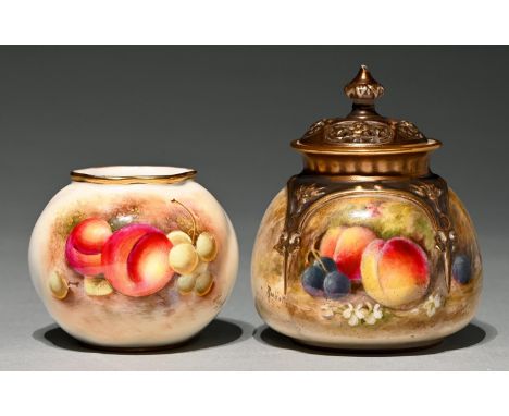 A Royal Worcester pot pourri vase and cover, 1928, painted by Ricketts, signed, with fruit and a later Royal Worcester globul