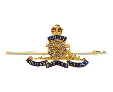 A diamond and gold and enamel royal artillery sweetheart's brooch, c1930, 51mm, marked 15ct PT, 5.4g The gold pin slightly be