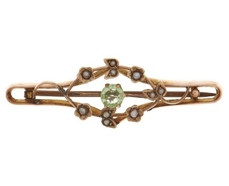 A green paste and split pearl bar brooch, early 20th c, in gold marked 9ct, 2.6g Light wear