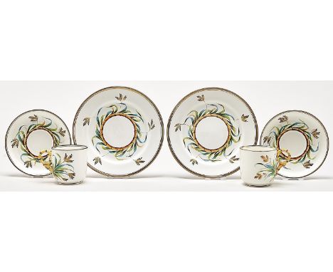 A pair of Staffordshire bone china teacups, saucers and plates, c1880, painted with bamboo, plate 17.5cm diam, pattern 1044 G