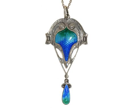 An art nouveau silver and translucent enamel openwork pendant and drop, 55mm excluding loop, by James Fenton, Birmingham 1910