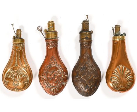 Three Victorian brass or copper powder flasks and another, various sizes Minor dents, light wear and polish residues