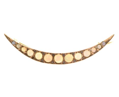 An Edwardian opal and chip diamond crescent brooch, in 9ct gold, 51mm, Chester 1909, 2.7g Lacking several of the chip diamond