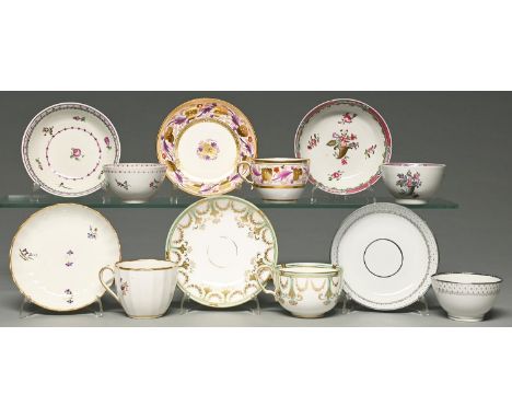 Three New Hall and other tea bowls and saucers, a Derby fluted teacup and saucer and two Davenport and Spode teacups and sauc