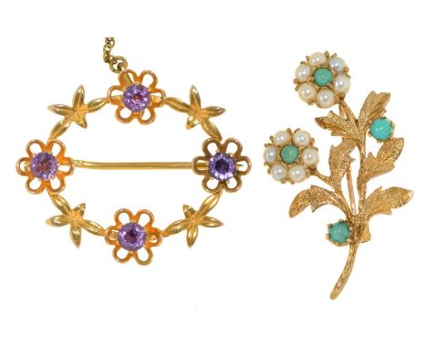 A turquoise and split pearl flower brooch, in 9ct gold, 35mm, London 1972 and a contemporary amethyst oval brooch in 9ct gold