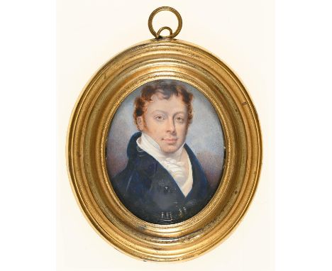 English School, early 19th c - Portrait Miniature of a Gentleman, with curly hair, in navy coat with brass button and white s