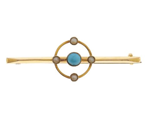 A turquoise and split pearl bar brooch, early 20th c, in gold marked 9ct, 1.5g Good condition