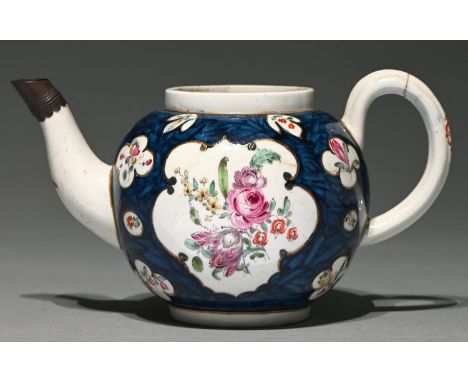 A Liverpool teapot, Philip Christian, c1770,&nbsp; enamelled with two loose bouquets and single flowers and sprigs reserved o