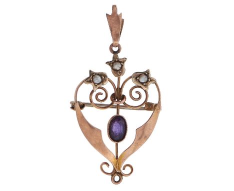 An art nouveau amethyst and split pearl openwork brooch-pendant, early 20th c, in gold marked 9ct, 2.2g Slight wear scratches