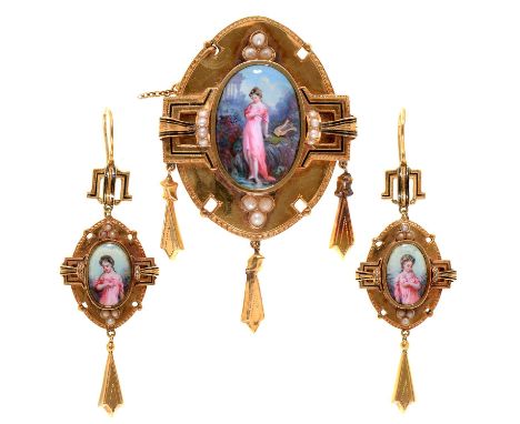 A gold and black enamel, painted enamel and split pearl demi parure, c1880, the principal oval element of each set with an en