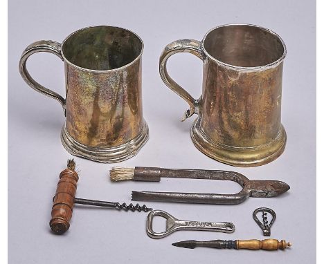 A Victorian steel scent bottle bow corkscrew, a straight-pull corkscrew with turned sycamore handle and brush and a pair of s