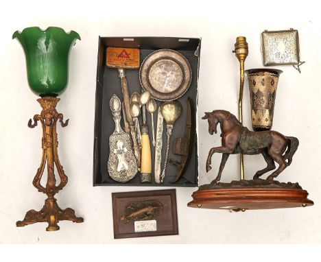 A Victorian gilt lacquered brass lamp, 29cm h, adapted for electricity, an EPNS compact with chain handle, early 20th c, etc 