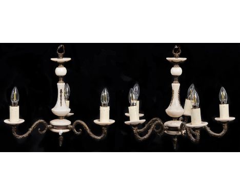 A pair of giltmetal and marble three light chandeliers, 20th c, 35cm h Good condition
