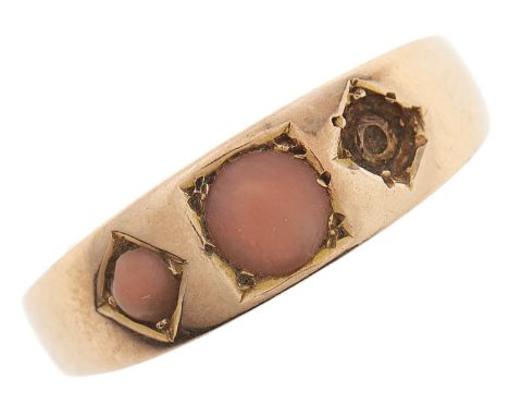 A split coral ring, in 18ct gold, Chester, marks rubbed, c1900, 2.6g, size S One gem deficient and wear consistent with age