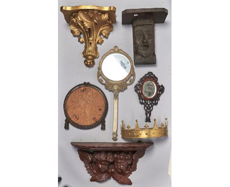 A gilt lacquered brass coronet shaped wall light frame, a giltwood wall bracket, a circular carved oak rope form mirror frame