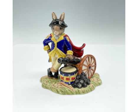 Bunny in blue and yellow jacket, yellow waistcoat, cream shirt and pantaloons, red cloak, black hat and boots, blue, red and 