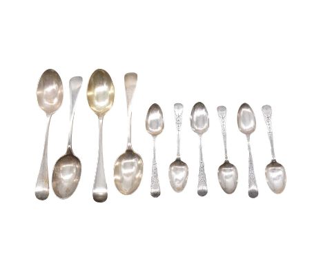 A set of six Georgian silver teaspoons, George Smith (II) &amp; Thomas Hayter, London 1803, bright cut handles, engraved init