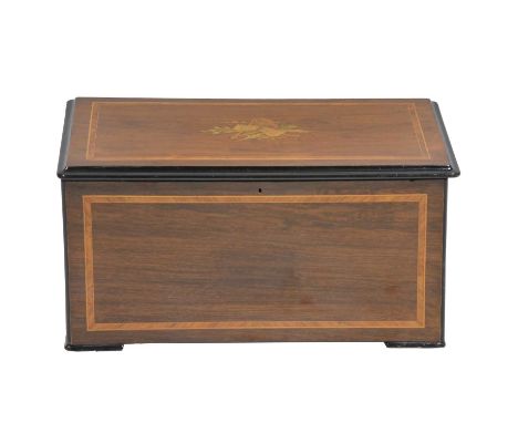 Late 19th Century Swiss musical box, walnut and ebonised marquetry case, 33.5cm cylinder, numbered 17167, with six bells, lac