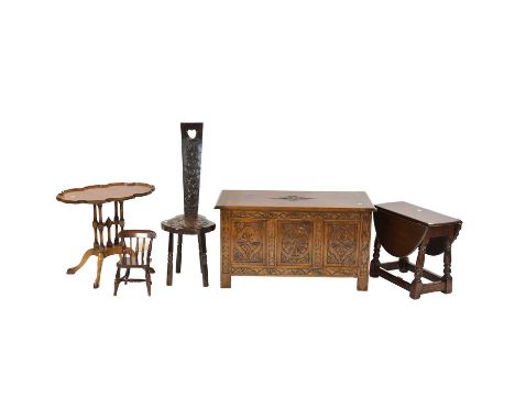 Spinning chair; apprentice armchair; small drop-leaf table; small coffer; and a walnut table.Qty: 5Condition report:Coffer he