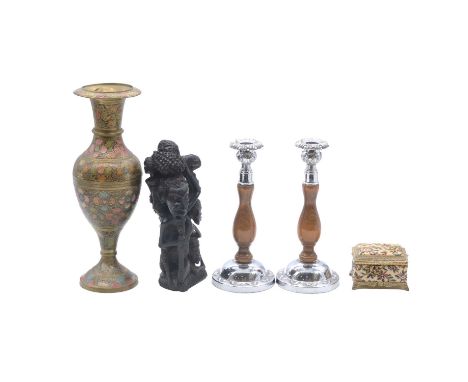 A collection of metalwares, ceramics and black lacquer tray, to include pairs of candlesticks; plates; Tanzanian carved ebony