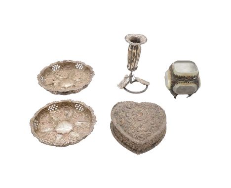 Victorian silver heart-shape box, William Neale &amp; Son, Birmingham 1893, damaged, 10cm; pair of white metal circular dishe