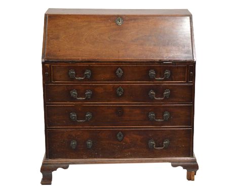George III mahogany bureau, fall front enclosing pigeon holes and drawer, four drawers under, ogee bracket feet, damaged, wid