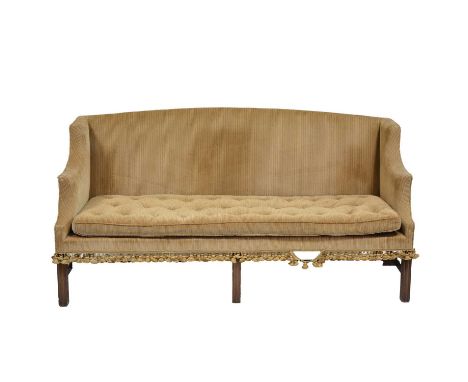 George III style mahogany sofa, wing back, moulded legs joined by stretchers, length 184cm, depth 72cm, height 94cm.Condition
