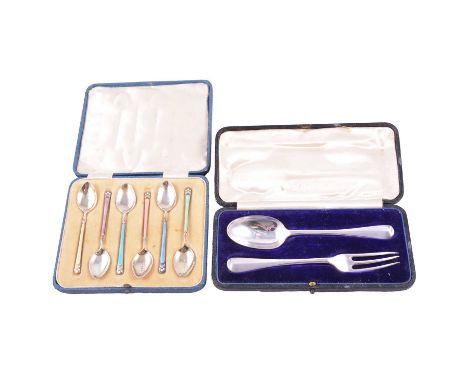 A set of six silver gilt and Harlequin enamel coffee spoons, Turner &amp; Simpson Ltd, Birmingham 1929, cased; and a silver p