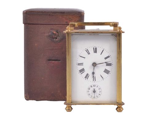 French brass cased carriage clock with alarm dial, in travel case, 10.5cm.