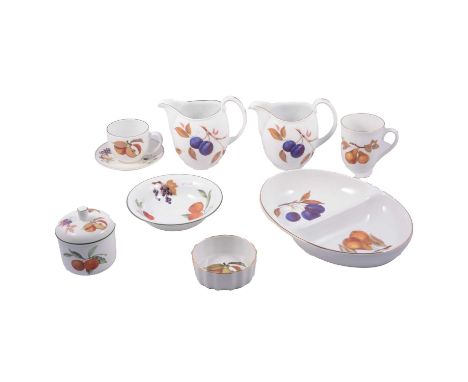 A Royal Worcester Evesham pattern part dinner service, comprising serving bowls, ramekins, mugs, jugs; an Evesham Vale part b